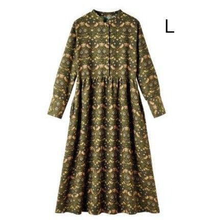 【新品】ウィリアム・モリス いちご泥棒 長袖 ワンピース Lサイズ カーキ イチゴ泥棒