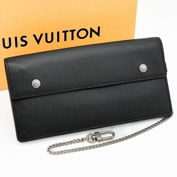 美品 LOUIS VUITTON ルイヴィトン タイガ ポルトフォイユ アコルディオン チェーン付き 長財布 黒 M30992