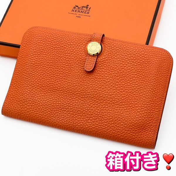 使用わずか 入手困難 HERMES エルメス ドゴンGM デュオ トゴ オレンジ 二つ折り 長財布 ゴールド金具