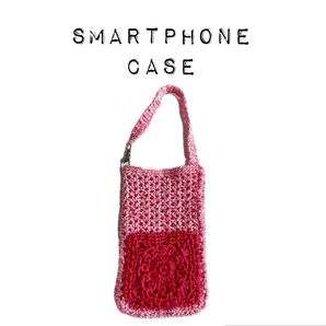 スマホケース ショルダータイプ ピンク/白 ハンドメイド