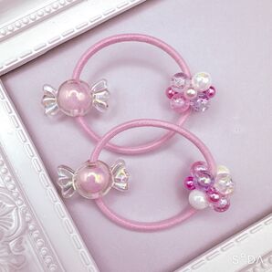 キャンディ風 ビーズ ヘアゴム 2個セット ピンク 韓国 ハンドメイド キッズ ベビー