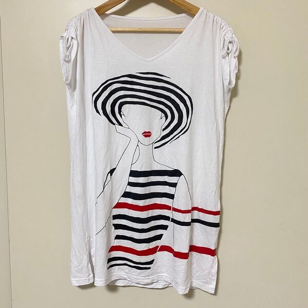 カットソー チュニック Tシャツ 半袖 ノースリーブ 白 フレンチスリーブ イタリア製 ディノス プリント 40