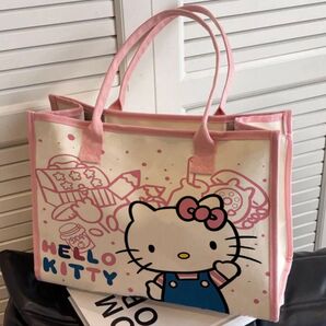 キャンバス コットン ショルダーバッグ トートバッグ 可愛いハローキティ柄チャック付き