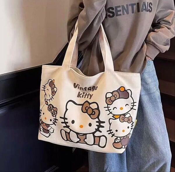 キャンバス コットン ショルダーバッグ トートバッグ ハローキティ柄チャック付き