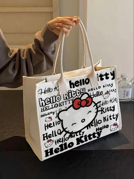キャンバス コットン ショルダーバッグ トートバッグ 可愛いハローキティ柄チャック付き