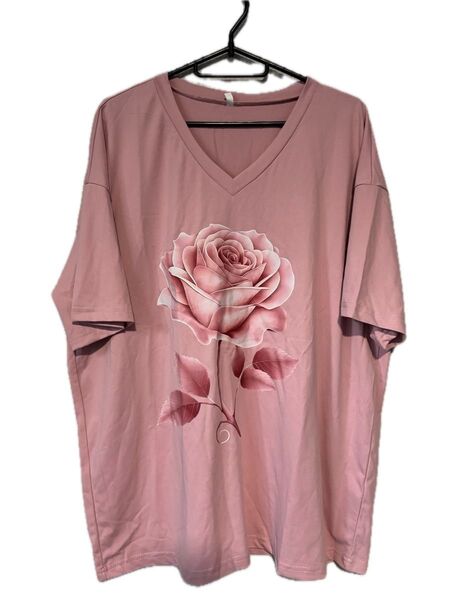 薔薇柄 Vネック Tシャツ ピンク レディース 1XL カットソー 大きいサイズ 半袖