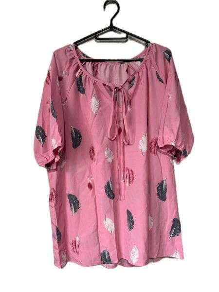羽柄トップス ピンク チュニック ブラウス 半袖 大きいサイズ 1XL
