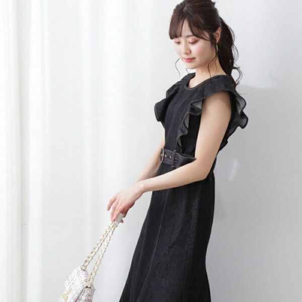 ★美品★ ブラックデニム フリル袖 ロングワンピース