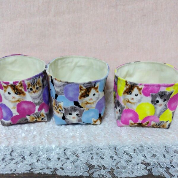 布バスケット ミニ ハンドメイド 猫さん 3色色違い 3個セット