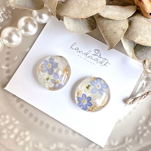No.1147 ハンドメイド 勿忘草 淡水パール レジン ピアス イヤリング