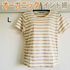 新品 オーガニック インド綿 半袖 Tシャツ 綿100% 生成×ベージュ L