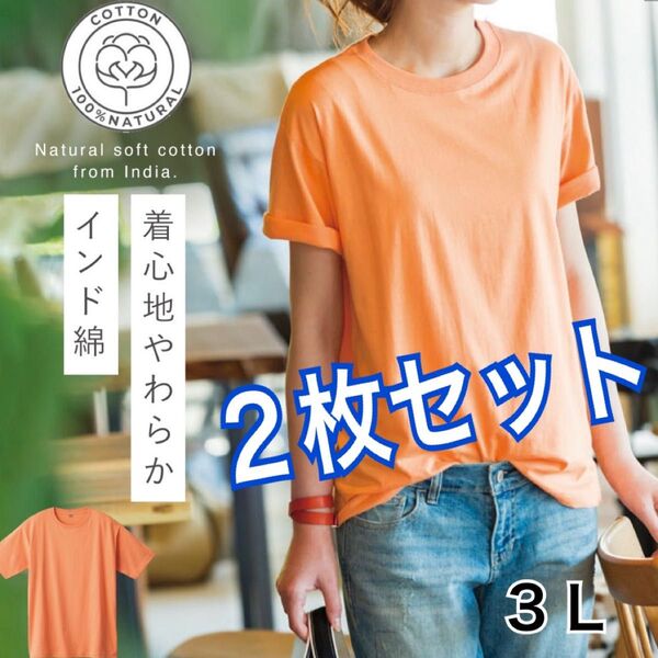 新品 インド綿 半袖 Tシャツ 綿100% 3Lサイズ アプリコット 2枚セット