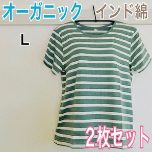 新品 オーガニック インド綿 Tシャツ 綿100% グリーン L 2枚セット