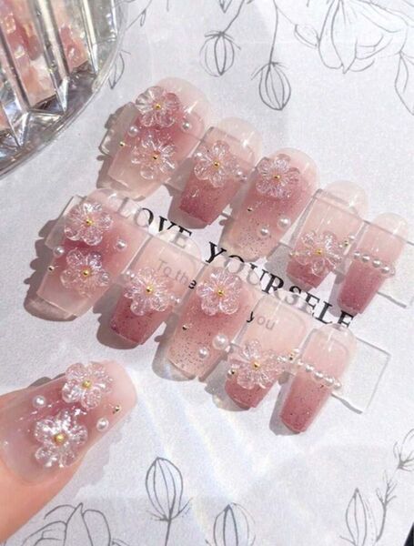ネイルチップ 3D付け爪 可愛い ジェルネイル 長め おしゃれ 花嫁ネイル 手作り 人気 蝶 韓国 リボン ネイルシール 付け爪