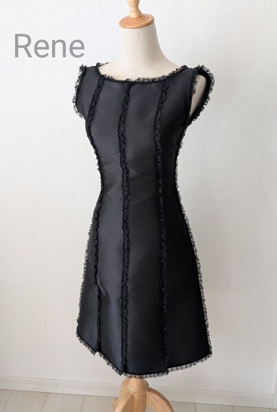 Rene tissue シルク混フリル付ブラックノースリーブワンピースサイズ36