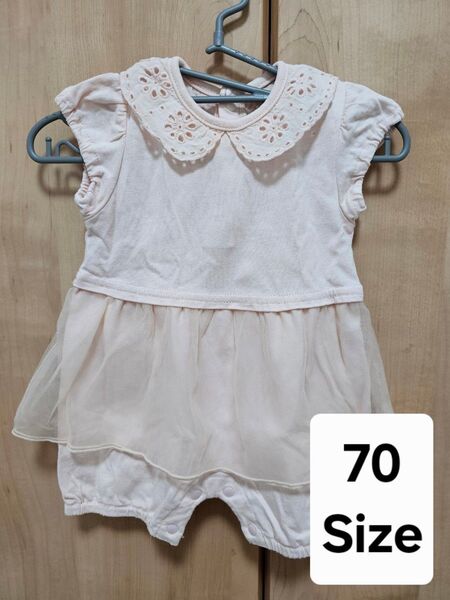 【ベビー服】プティマイン petit main 半袖 ロンパース ピンク さくら色 花柄 チュール 70㎝ 可愛い 女の子
