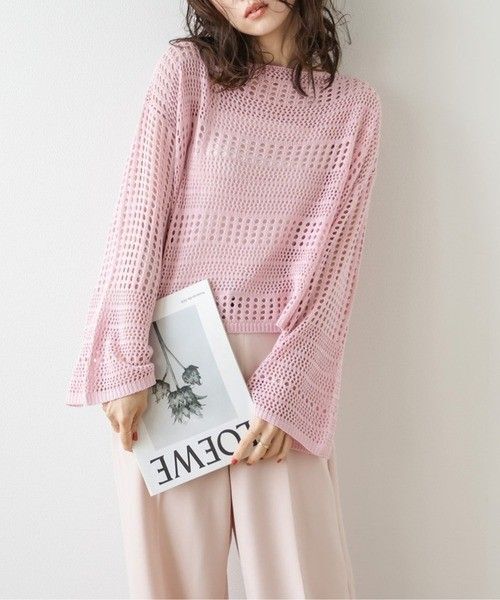 新品!タグ付!SALE!透かし編みピンクニット長袖メッシュニットトップス