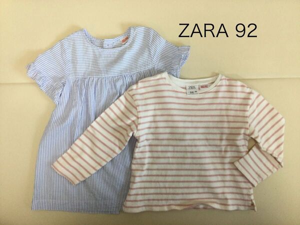 ZARA ザラ 92 長袖 Tシャツ ロンT ボーダー ストライプ ワンピース 2点セット ブルー ピンク 女の子 ガールズ
