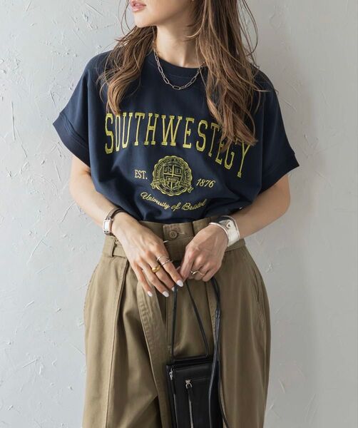 【新品】Bonjour Sagan カレッジ刺繍ピグメントスウェットTシャツ ネイビー