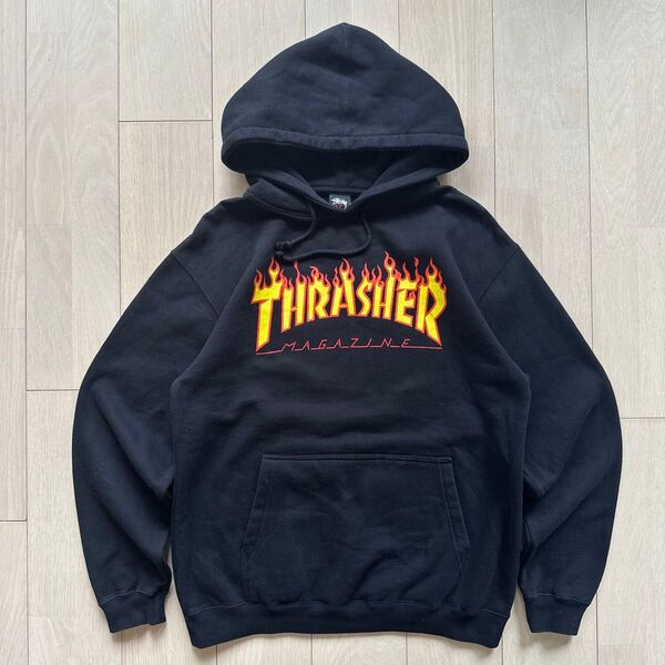 Stussyボディ USA製 ステューシー スラッシャー フーディ パーカー 黒 プルオーバー スウェット THRASHER