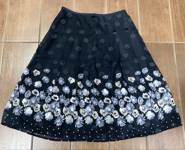 【本日限定価格】日本製 アンテシュ シアー ネイビー 花柄 水玉ドット シフォン レース 総柄 膝丈 スカート 36 Sサイズ