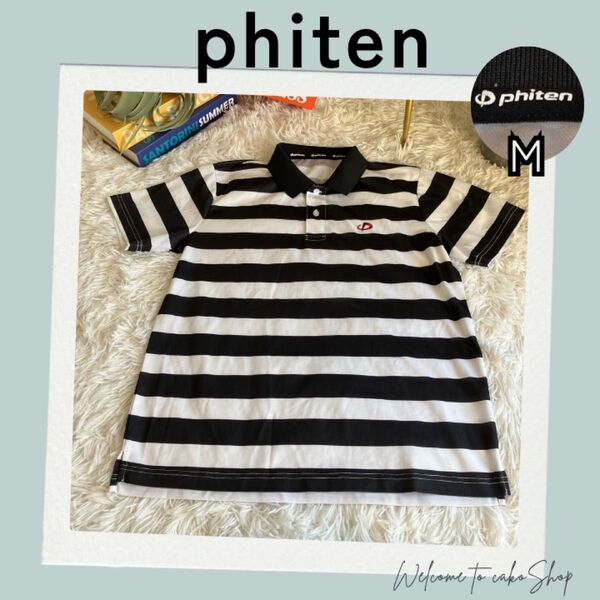 美品》ファイテン phiten ボーダー 半袖 ポロシャツ M 黒白 刺ロゴ 半袖ポロシャツ ブラック ホワイト トップス