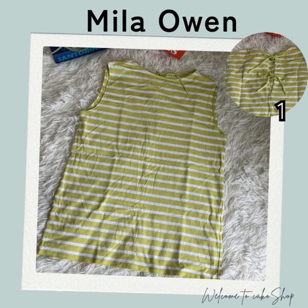美品》Mila Owen ミラオーウェン ボーダー 後リボン ノースリーブ カットソー 1 黄緑 ライム タンクトップ トップス