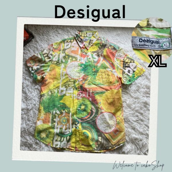 美品》デシグアル Desigual XL フルーツ柄 半袖シャツ アロハ 総柄 半袖 アロハシャツ コットン 刺繍ロゴ