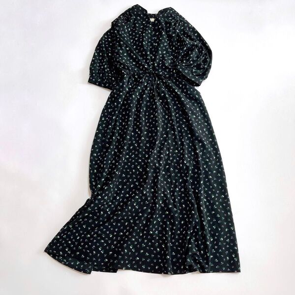 極美品☆アースミュージックエコロジー 花柄 スキッパー ロングワンピース パフスリーブ ウエストゴム 裏地有り ゆったり マキシ丈