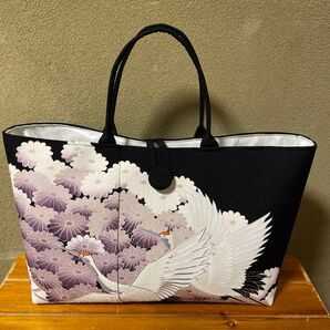留袖リメイクバッグ(正絹) 鶴 正絹 ハンドメイド