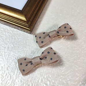 【Smile box】ミニヘアクリップ ベージュ ドット柄リボン 2本セット