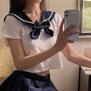 可愛い クロップドトップス セーラー服 ショート コスプレ リボン スクール 半袖 制服