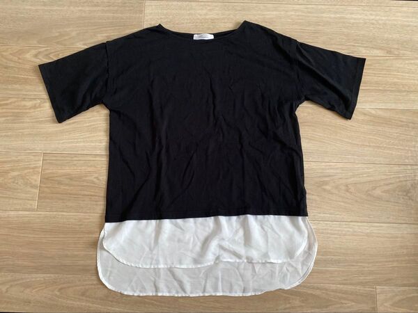 重ね着風レイヤードトップス カットソー Tシャツ ブラック M 半袖