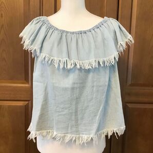 ブラウス チュニック トップス オフショルダー デニムトップス フリル フリンジ デニムシャツ デニム レディース No.87