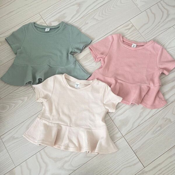 ワッフル Tシャツ 半袖 ペプラム 3色セット 100〜110cm