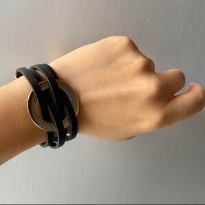 レザーバングルブラックブレスレット ワイドラップ ジュエリー エレガント