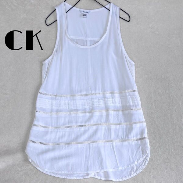 Calvin Klein ホワイト ノースリーブチュニックトップス シャツ透け感 S〜M相当 タンクトップ