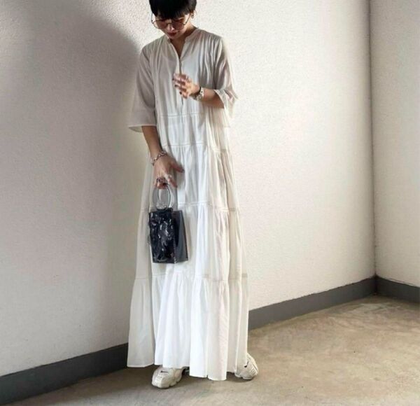 AgAwd アガウド Tiered Ladder Dress ティアードロングワンピース ホワイト 白 授乳 マタニティ 妊婦服