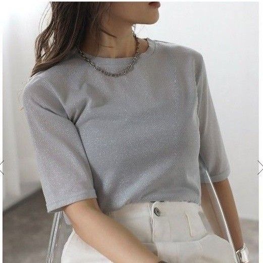新品 ボンジュールサガン BonjourSagan クルーネックラメTシャツ ライトグレー