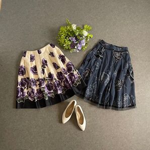 エムズグレイシー フレアスカート 麻 2点セット 花柄 タック 光沢感 上品 キュプラ 群青色 シャンパンゴールド 日本製 38