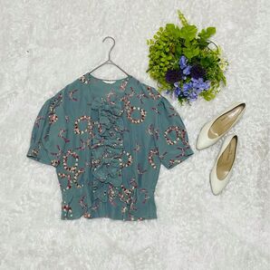 ピンクハウス ペプラム風ブラウス 花冠 りぼん パフスリーブ ゆったり 個性的 カントリー 青 グレー F