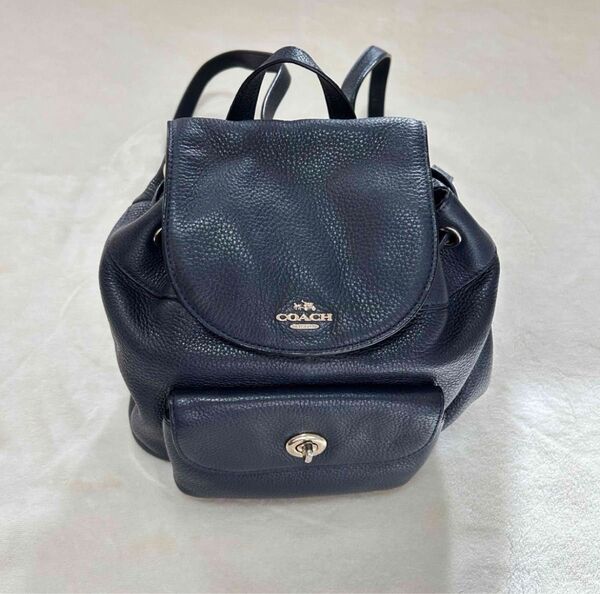 【美品】COACH リュックサック ネイビー レザー コーチ リュック 巾着型 ミニ