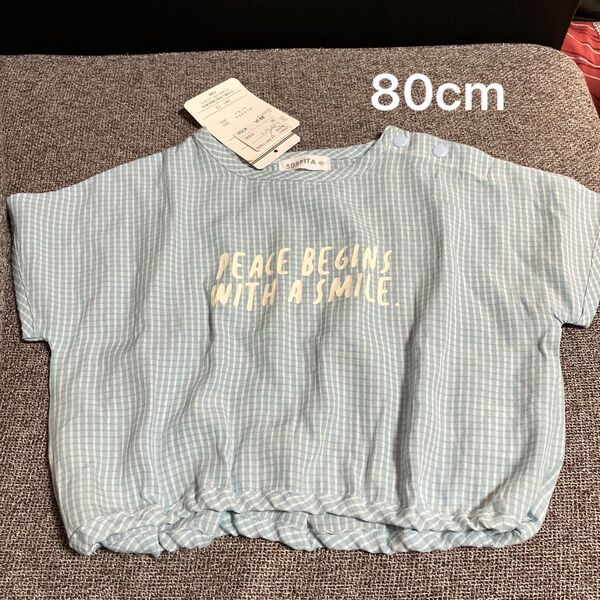 80cm ギンガムチェック トップス ロゴTシャツ 新品 半袖 カットソー Tシャツ ロゴ