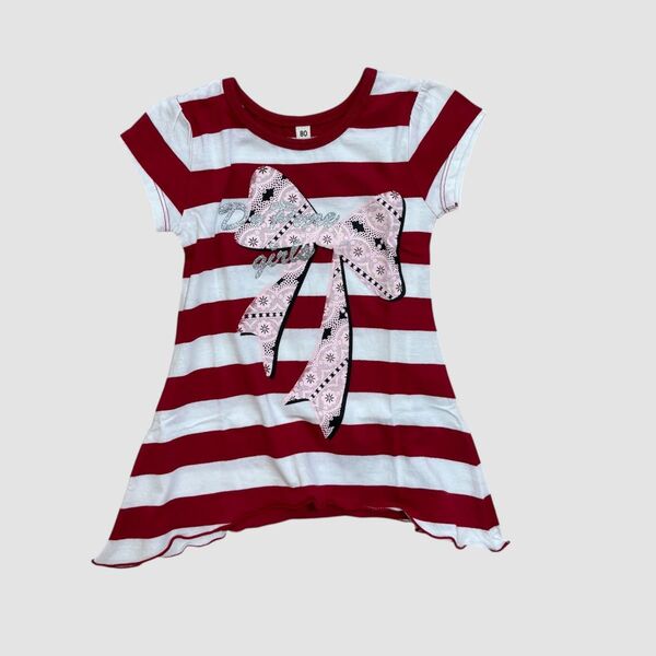 半袖Tシャツ ボーダーチュニックワンピース 半袖 ワンピース カットソー Tシャツ 女の子 リボン柄 ラメ 80cm