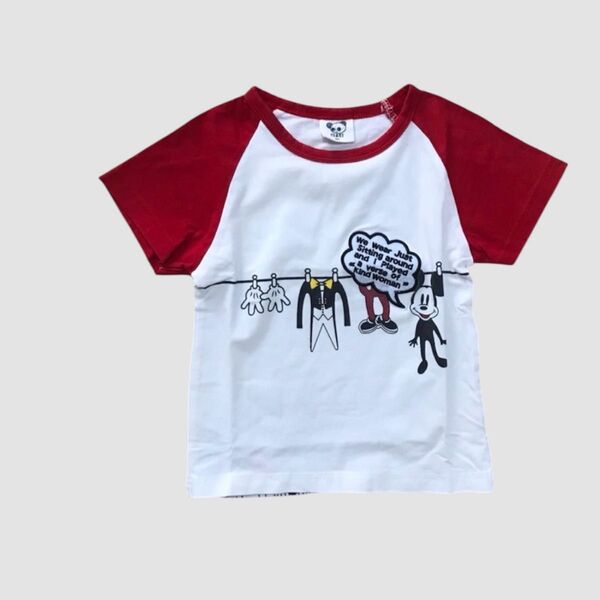 ミッキーマウス プリントTシャツ ホワイト×レッド ランドリーミッキープリントT 韓国子供服 90cm ラグランTシャツ