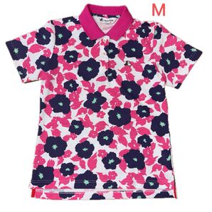 美品ブラック&ホワイト 半袖ゴルフシャツ M レディースゴルフウェア 総柄シャツ 花柄