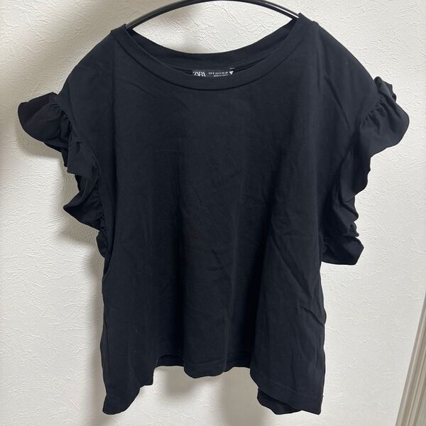 ZARA フリル Tシャツ ブラック S ザラ 黒 半袖 カットソー トップス コットン カジュアル 無地 ベーシック シンプル