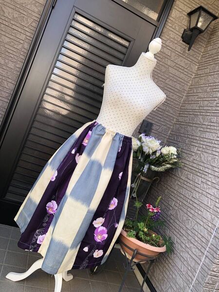浴衣リメイク ハンドメイド フレアスカート ロングスカート 紫 アネモネ 縞模様 花柄 フリーサイズ 大正浪漫