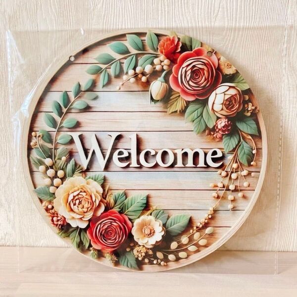 ウェルカムボード ウェルカムリース 木製リース ドア飾り 置物 ローズ お花 WELCOME