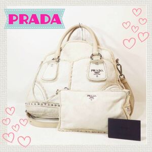 used美品☆ PRADA プラダ ☆ プラダ ムートン　シープファー(羊革) ハンドバッグ ショルダー ★ギャランティ付属